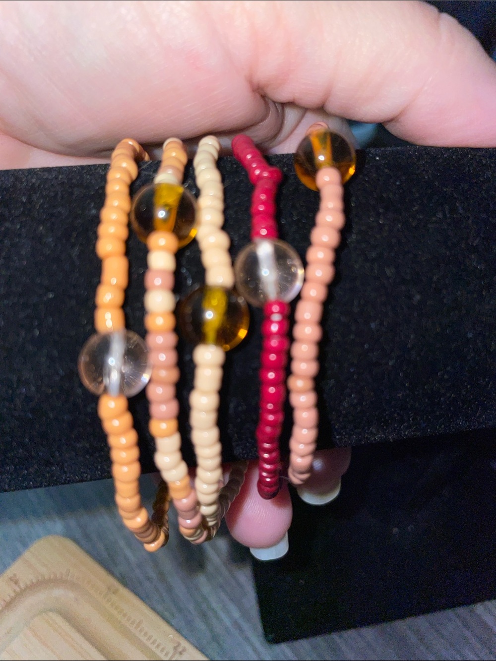 Thanksgiving Fall5 Seed Beaded Stackable Bracelets - Brown Tone Cream & Burgundy